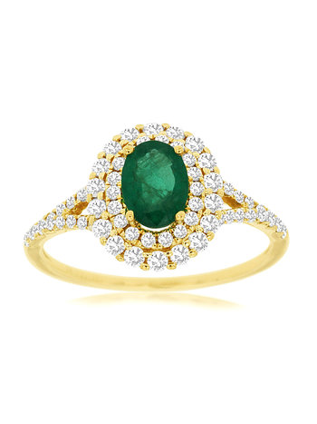 14K Yellow Gold Oval Emerald with Double Halo Gemstone Ring