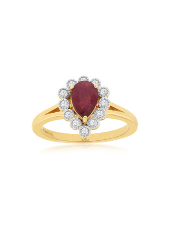14K Yellow Gold Pear Shaped Ruby and Diamond Halo Ring
