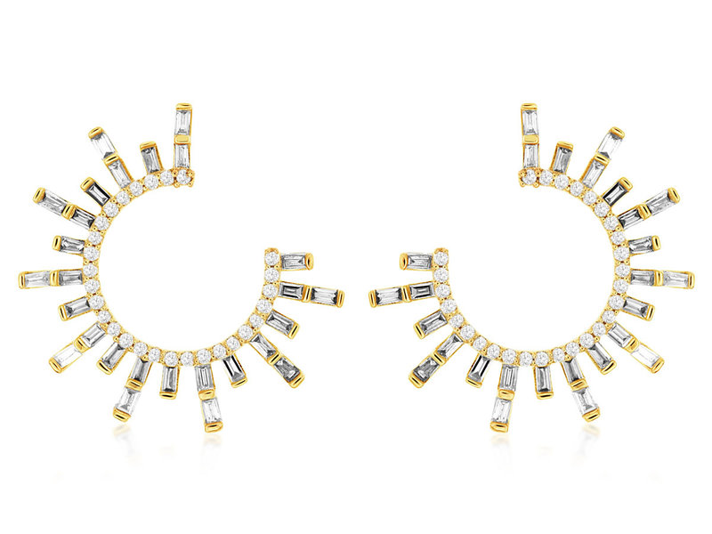 14K Yellow Gold Round and Baguette Diamond Starburst Earrings