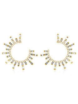 14K Yellow Gold Round and Baguette Diamond Starburst Earrings