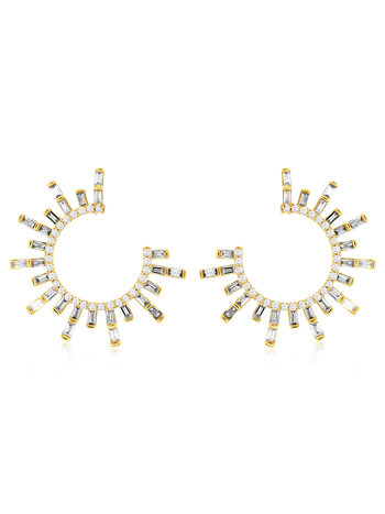 14K Yellow Gold Round and Baguette Diamond Starburst Earrings