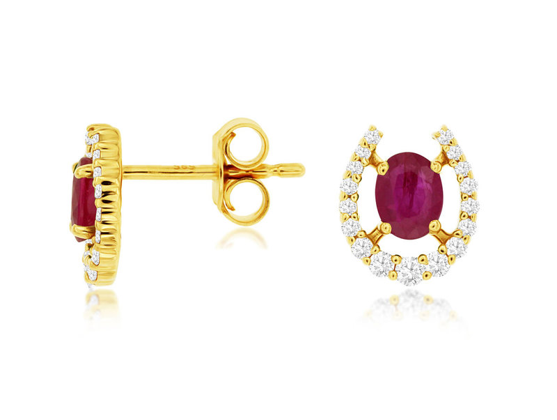 14K Yellow Gold Ruby and Diamond Horsehoe Style Stud Earrings