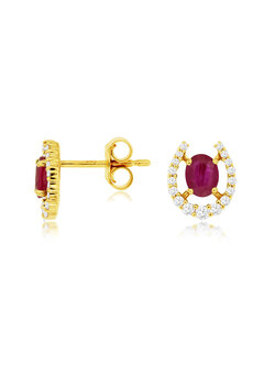 14K Yellow Gold Ruby and Diamond Horsehoe Style Stud Earrings