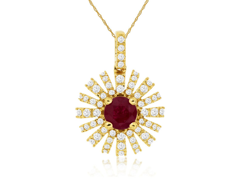 14K Yellow Gold Ruby and Pave Diamond Starburst Necklace