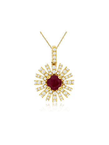 14K Yellow Gold Ruby and Pave Diamond Starburst Necklace