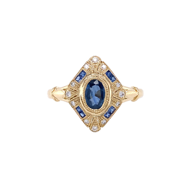 14K Yellow Gold Sapphire and Diamond Vintage Inspired Ring