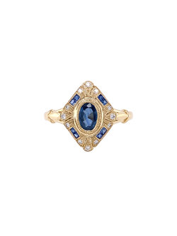 14K Yellow Gold Sapphire and Diamond Vintage Inspired Ring