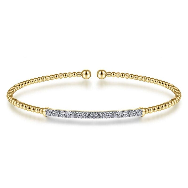 14K Yellow Gold Split Cuff Bracelet with Diamond Pave Bar