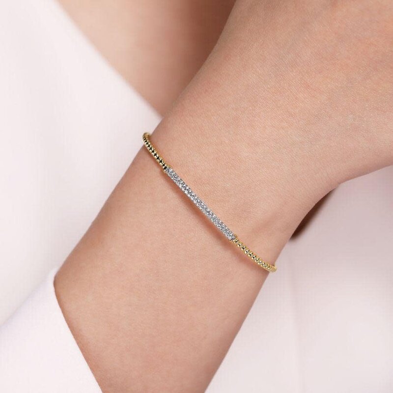 14K Yellow Gold Split Cuff Bracelet with Diamond Pave Bar