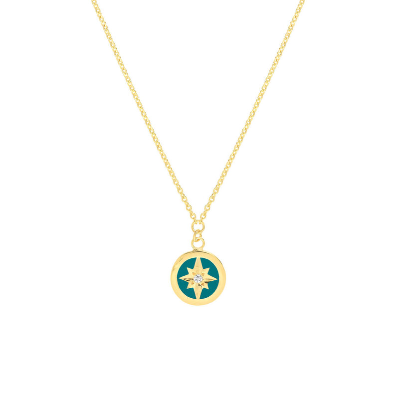 14K Yellow Gold Turquoise Enamel Star Medallion Necklace