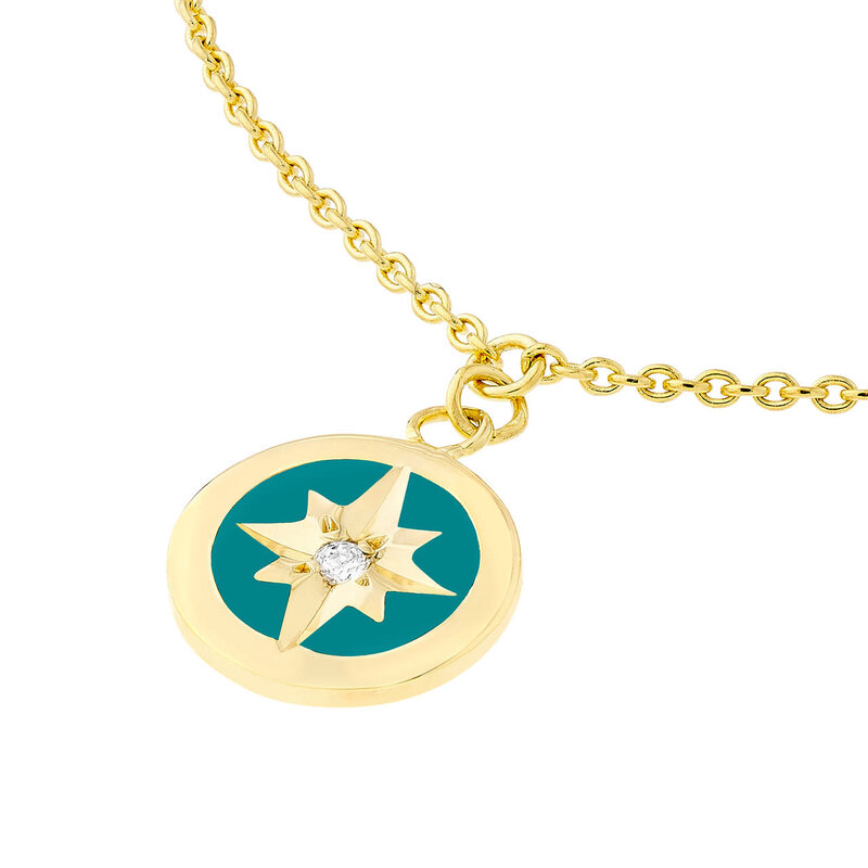 14K Yellow Gold Turquoise Enamel Star Medallion Necklace