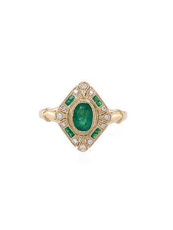 14K Yellow Gold Vintage Inspired Emerald and Diamond Ring