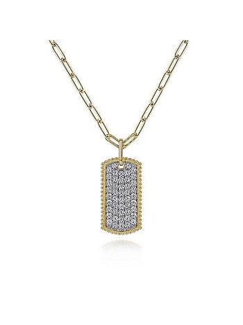 18 inch 14K Yellow Gold Diamond Pave' Dog Tag Hollow Chain Necklace