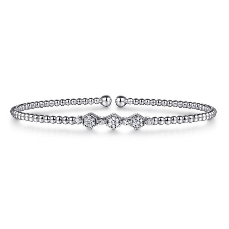 Gabriel & Co. 14K White Gold Bujukan Bead Cuff Bracelet with Cluster Diamond Hexagon Stations