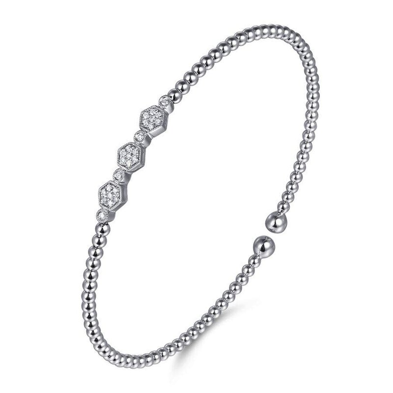 Gabriel & Co. 14K White Gold Bujukan Bead Cuff Bracelet with Cluster Diamond Hexagon Stations