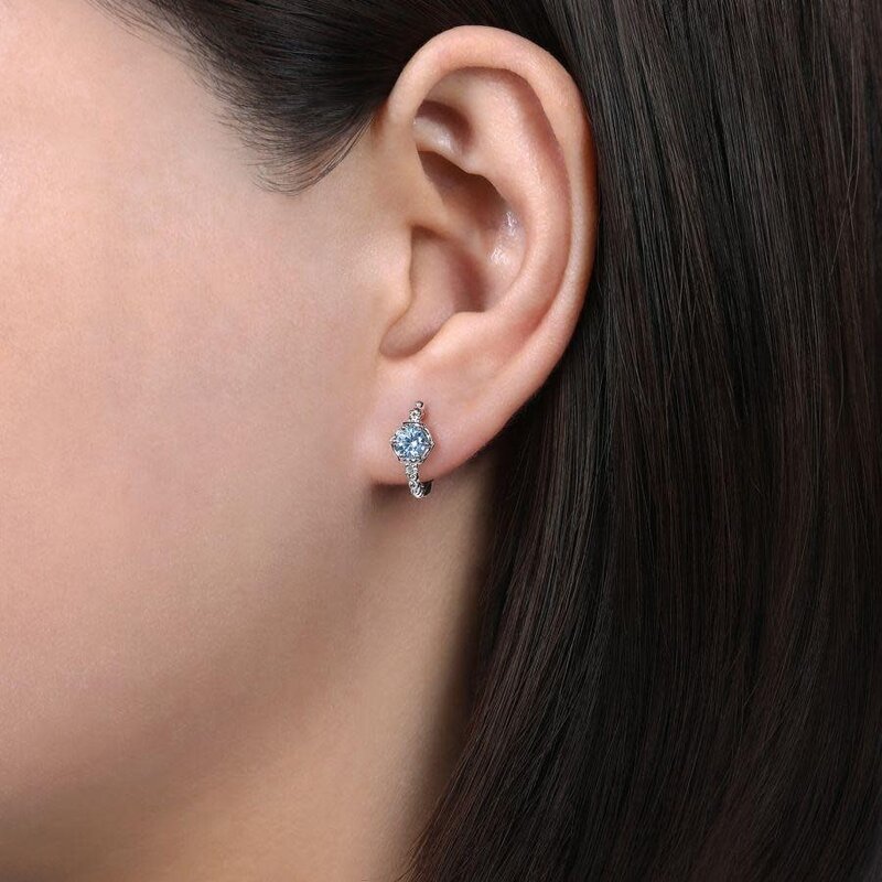 Gabriel & Co. 14K White Gold Hexagonal Aquamarine and Diamond Hoop Earrings
