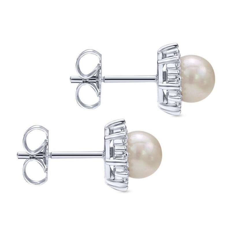 Gabriel & Co. 14K White Gold Pearl with Diamond Halo Stud Earrings