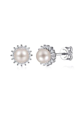Gabriel & Co. 14K White Gold Pearl with Diamond Halo Stud Earrings
