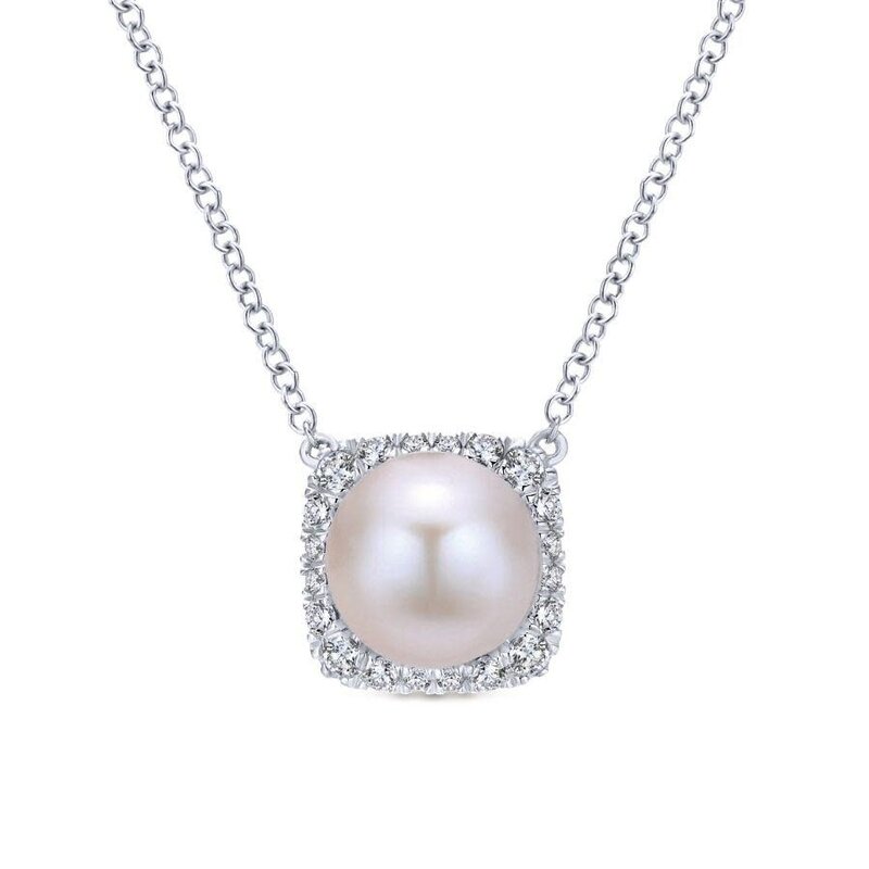 Gabriel & Co. 14K White Gold Round Cultured Pearl and Diamond Cushion Halo Pendant Necklace