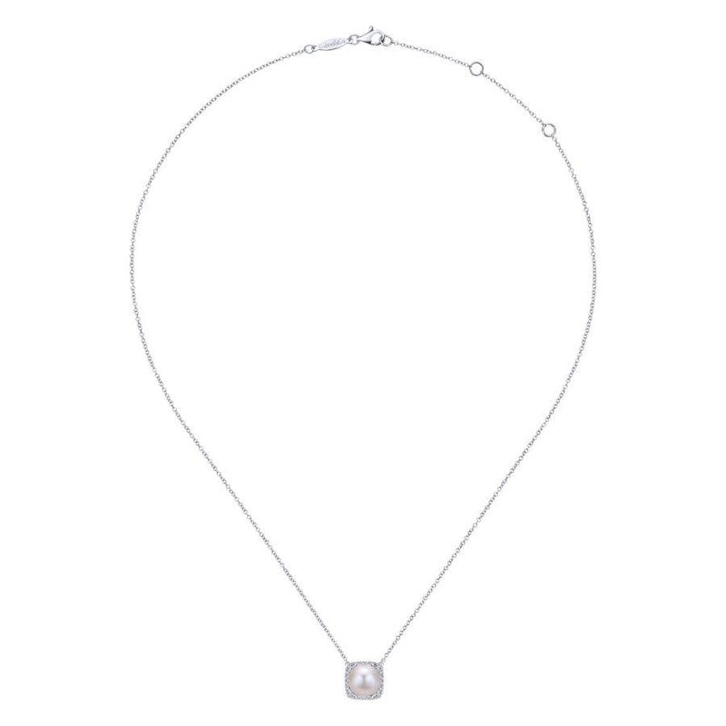 Gabriel & Co. 14K White Gold Round Cultured Pearl and Diamond Cushion Halo Pendant Necklace