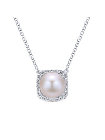 Gabriel & Co. 14K White Gold Round Cultured Pearl and Diamond Cushion Halo Pendant Necklace