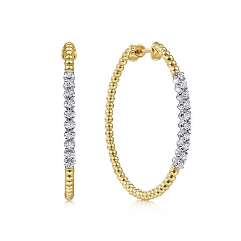 Gabriel & Co. 14K Yellow Gold Beaded 40mm Classic Diamond Hoop Earrings