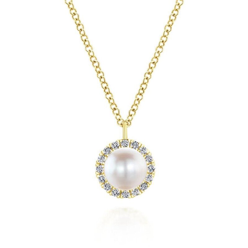 Gabriel & Co. 14K Yellow Gold Cultured Pearl and Diamond Halo Pendant Necklace