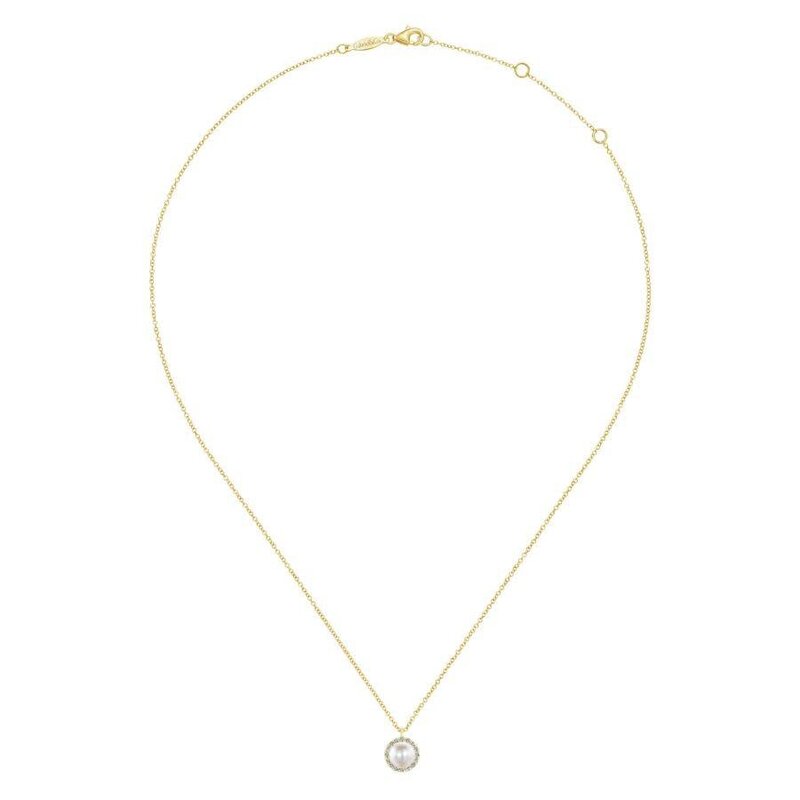 Gabriel & Co. 14K Yellow Gold Cultured Pearl and Diamond Halo Pendant Necklace