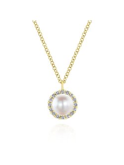 Gabriel & Co. 14K Yellow Gold Cultured Pearl and Diamond Halo Pendant Necklace