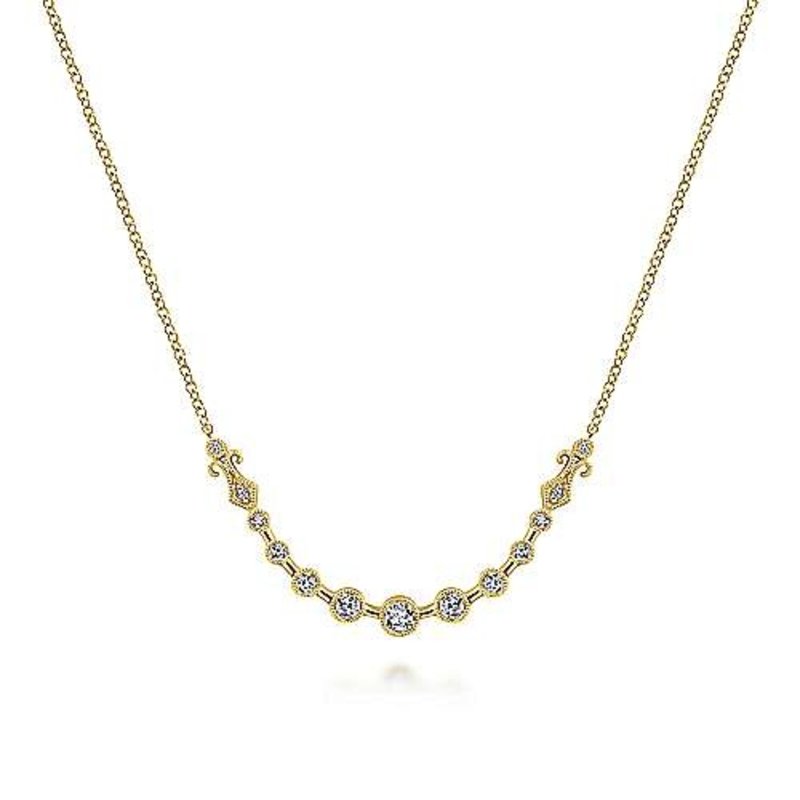 Gabriel & Co. 14K Yellow Gold Millgrain Bezel Set Diamond Curved Bar Necklace