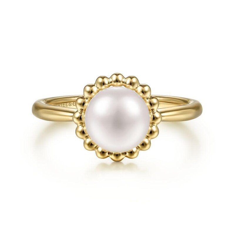 Gabriel & Co. 14K Yellow Gold Pearl Ring with Bujukan Beaded Halo