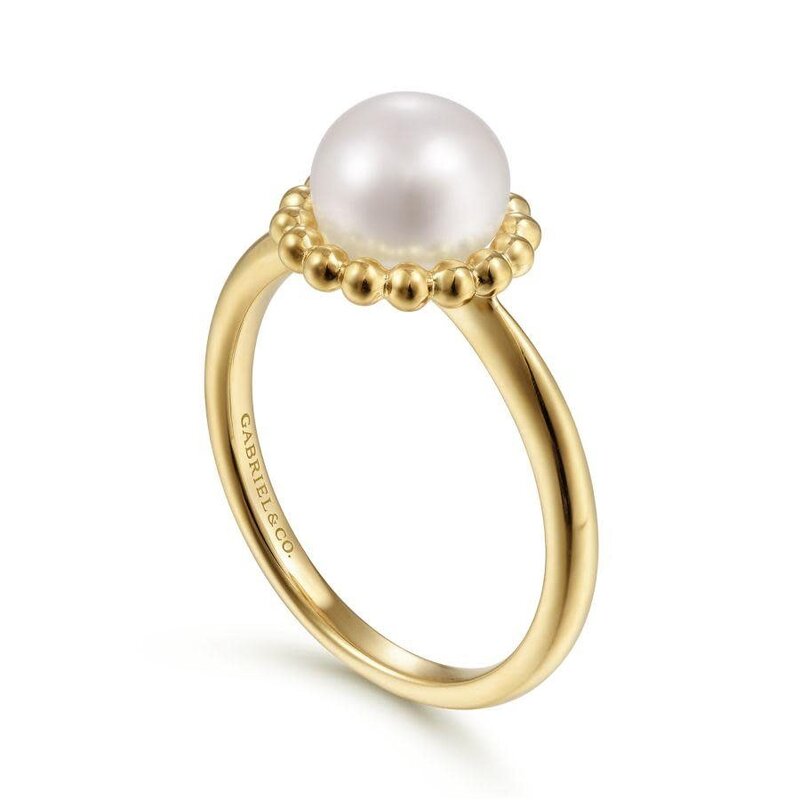 Gabriel & Co. 14K Yellow Gold Pearl Ring with Bujukan Beaded Halo