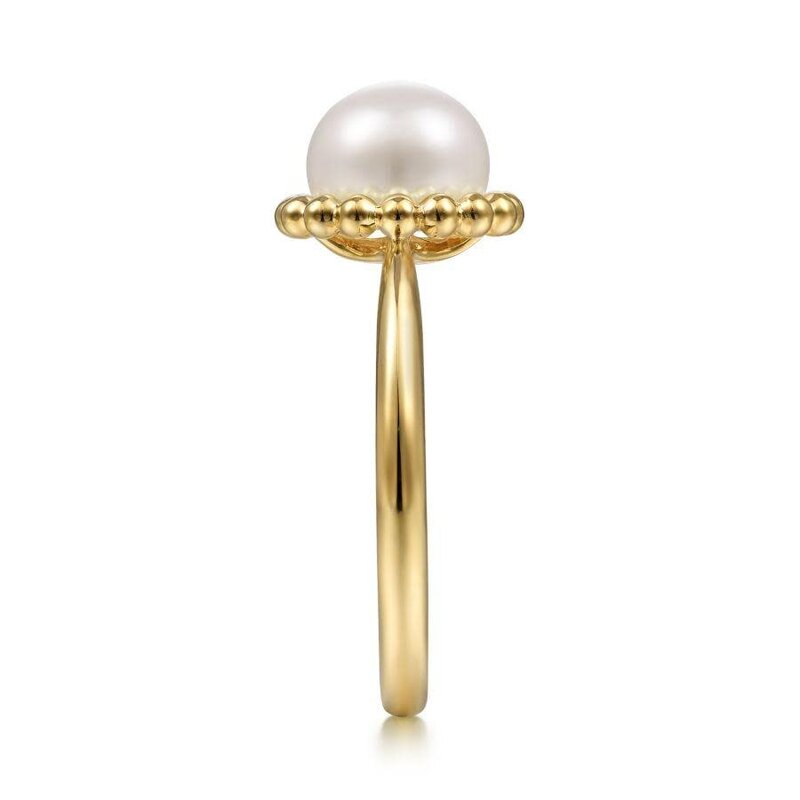 Gabriel & Co. 14K Yellow Gold Pearl Ring with Bujukan Beaded Halo