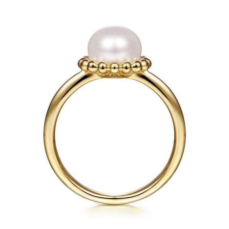 Gabriel & Co. 14K Yellow Gold Pearl Ring with Bujukan Beaded Halo