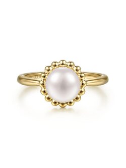 Gabriel & Co. 14K Yellow Gold Pearl Ring with Bujukan Beaded Halo