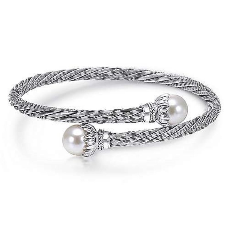 Gabriel & Co. Sterling Silver and Twisted Cable Stainless Steel Cultured Pearl Bypass Bangle