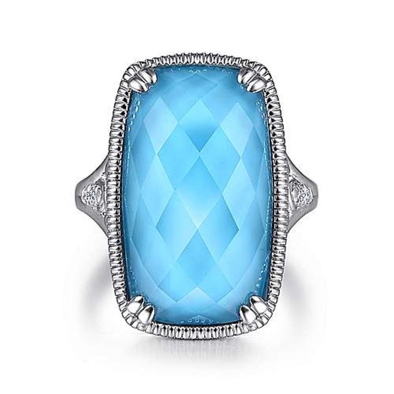 Gabriel & Co. Sterling Silver Rock Crystal Turquoise Long Cushion Cut Ring