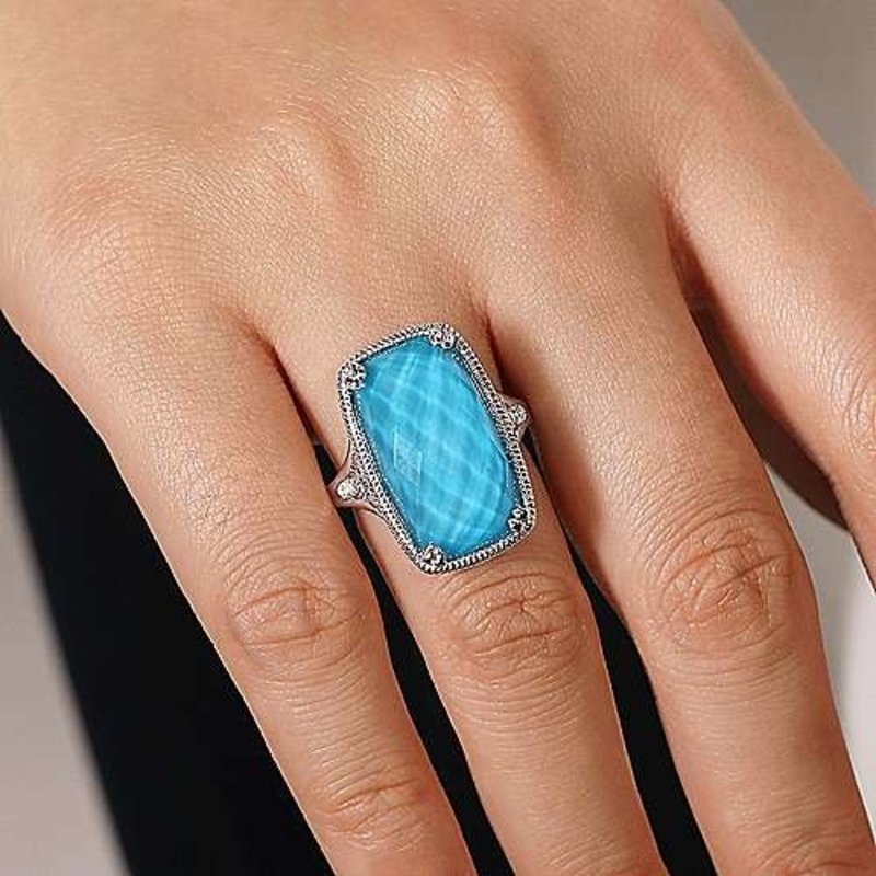 Gabriel & Co. Sterling Silver Rock Crystal Turquoise Long Cushion Cut Ring