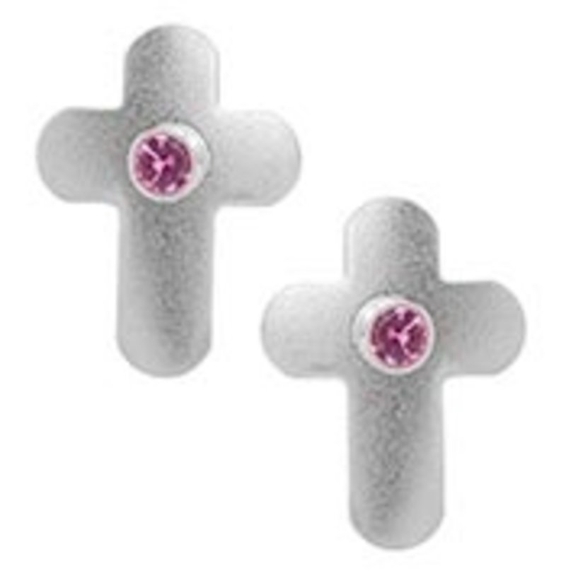 Sterling Silver Cross Stud Earrings with Pink Sapphires