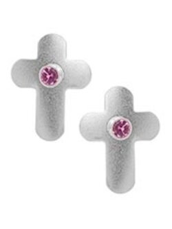 Sterling Silver Cross Stud Earrings with Pink Sapphires