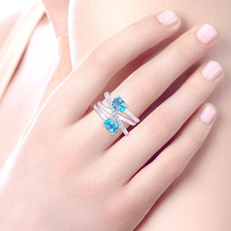 Sterling Silver Multi Row Blue Topaz and White Sapphire Ring