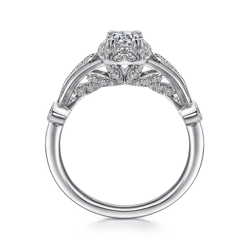 Vintage Inspired 14K White Gold Round Halo Complete Diamond Engagement Ring