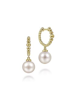 Yellow Gold Beaded Pearl Drop Earrings