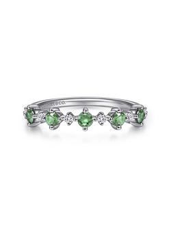 14K White Gold Alternating Round Diamond and Emerald Ring