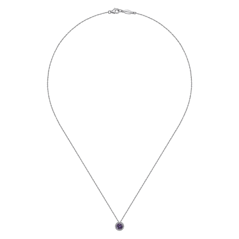 14K White Gold Amethyst and Diamond Halo Pendant Necklace