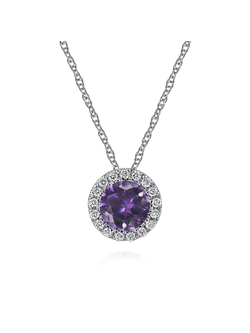 14K White Gold Amethyst and Diamond Halo Pendant Necklace