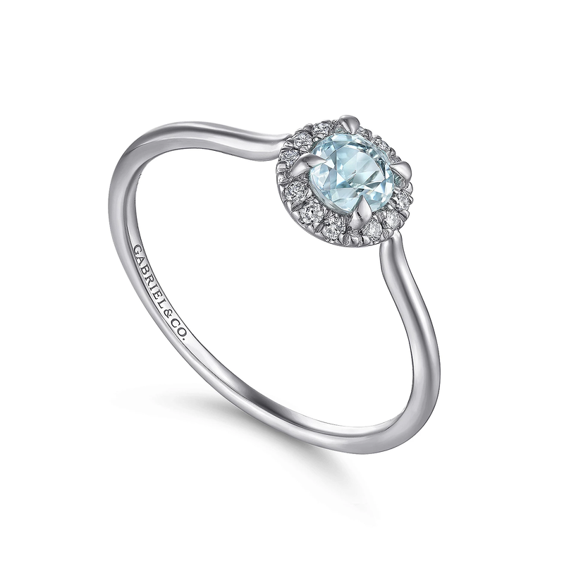 14K White Gold Aquamarine and Diamond Halo Promise Ring