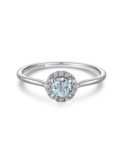 14K White Gold Aquamarine and Diamond Halo Promise Ring