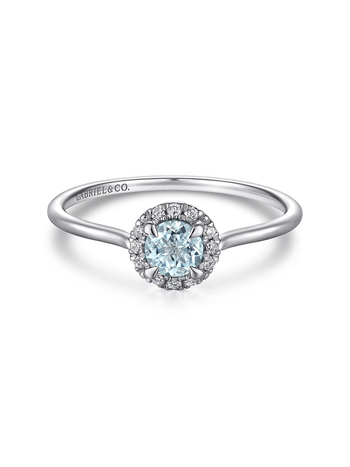 14K White Gold Aquamarine and Diamond Halo Promise Ring