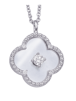 14K White Gold Diamond Clover Crystal Medallion Necklace